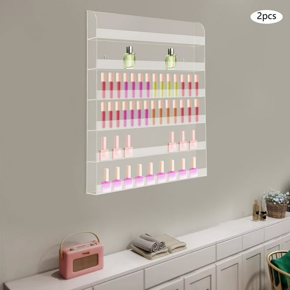 2 Pack Nail Polish Wall Racks, Acrylic Clear Nail Polish Shelf Organizer Wall Mounted Display Rack