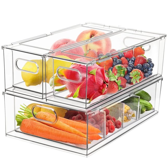 TEAFIRST 3pcs Food Storage Box, Refrigerator Bins, Organizer Rack for Fridge Kitchen Pantry, Clear