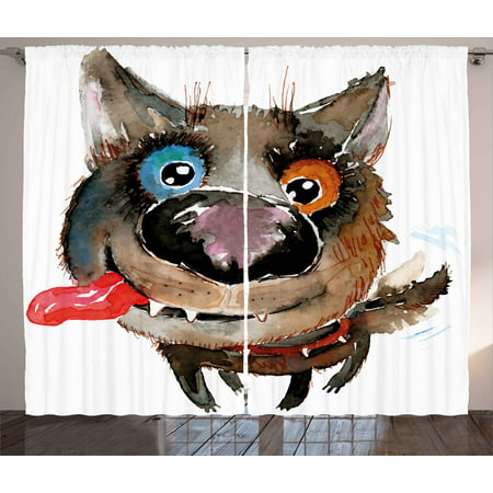 Animal Curtains 2 Panels Set, Funny Dog Puppy Smiling Best Companion Happy Creature Humor Grunge Print, Window Drapes for Living Room Bedroom, 108W X 108L Inches, Cocoa Red Orange Blue, by