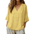 thumbnail image 2 of BUIGTTKLOP Cotton Linen Tops for Women 3/4 Length Sleeve V Neck Tunic Blouses Casual Comfy Shirts Loose Fitted Solid Color Tees, 2 of 6