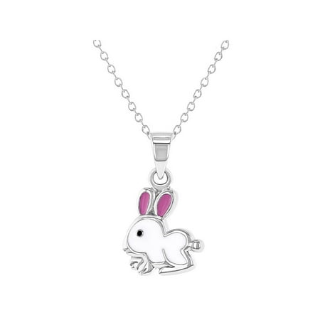 Enamel Peace Pendant - 925 Sterling Silver White and Pink Enamel Bunny Necklace Pendant for Girls 16
