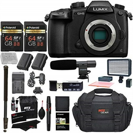 panasonic gh5 lumix 4k mirrorless ilc camera body, transcend 64gb memory, ritz gear slr camera bag, 2 batteries, charger and dc-gh5kbody accessory