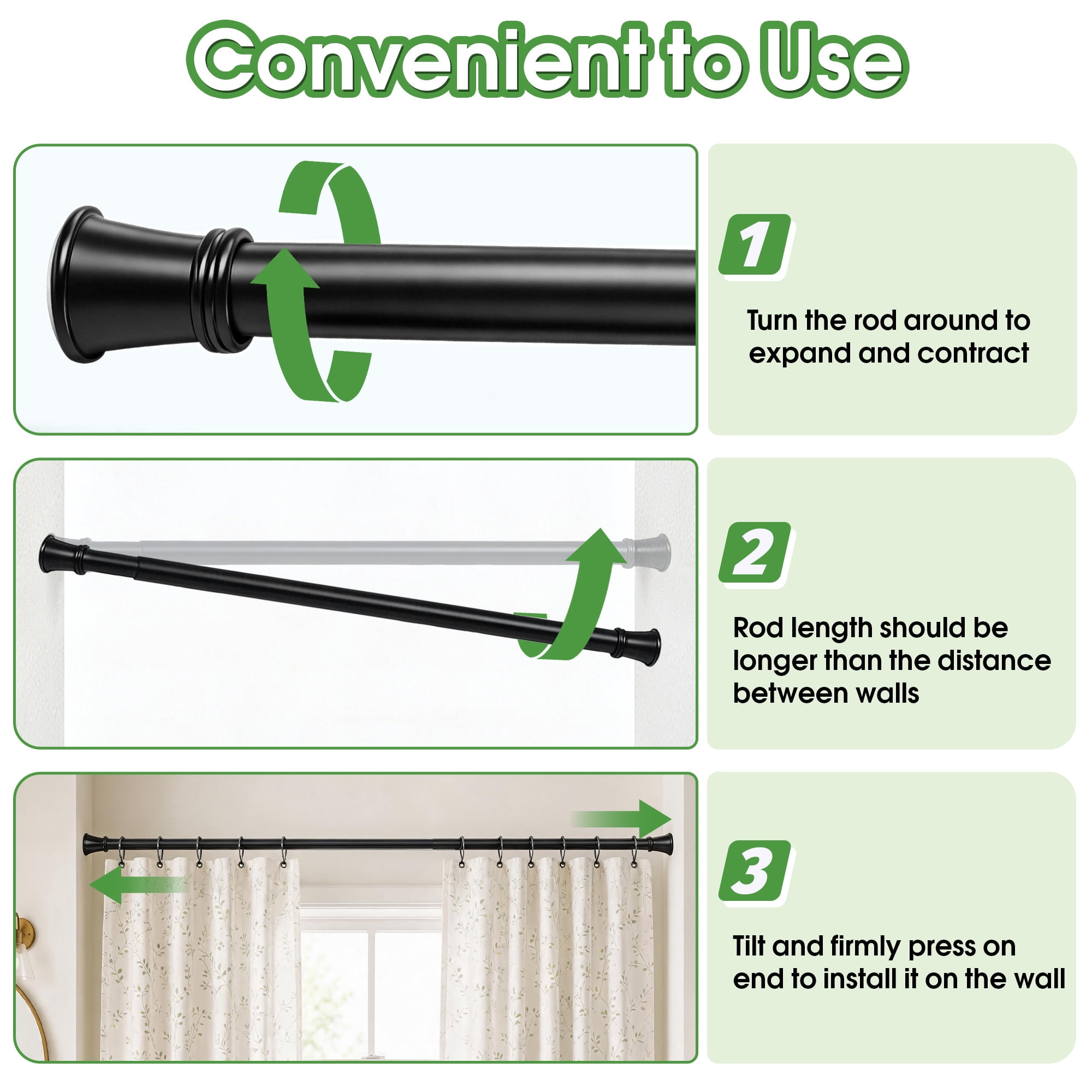 40.55‑78.78 Inch Adjustable Tension Curtain Rod, No‑Drill Shower Curtain Rod, Black Spring Tension Rod, Non‑Slip Window Curtain Rod for Bathroom, Closet, Doorway