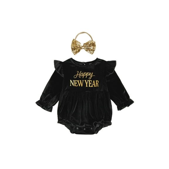Miaouyo Baby Girl New Year Romper Letter Print Long Sleeve Round Neck Velvet Newborn Jumpsuit with Sequin Bow Headband