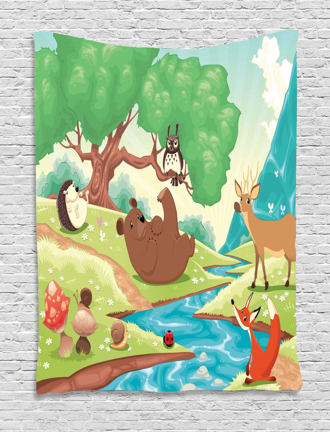 Hedgehog Tapestry, Cartoon Landscape and Forest Animals Ladybug Snail