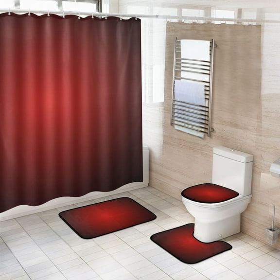 Ryvnso 4 Pcs Gradient Red Bathroom Shower Curtain Set with 12 Hooks Bath Mat Toilet Lid Cover