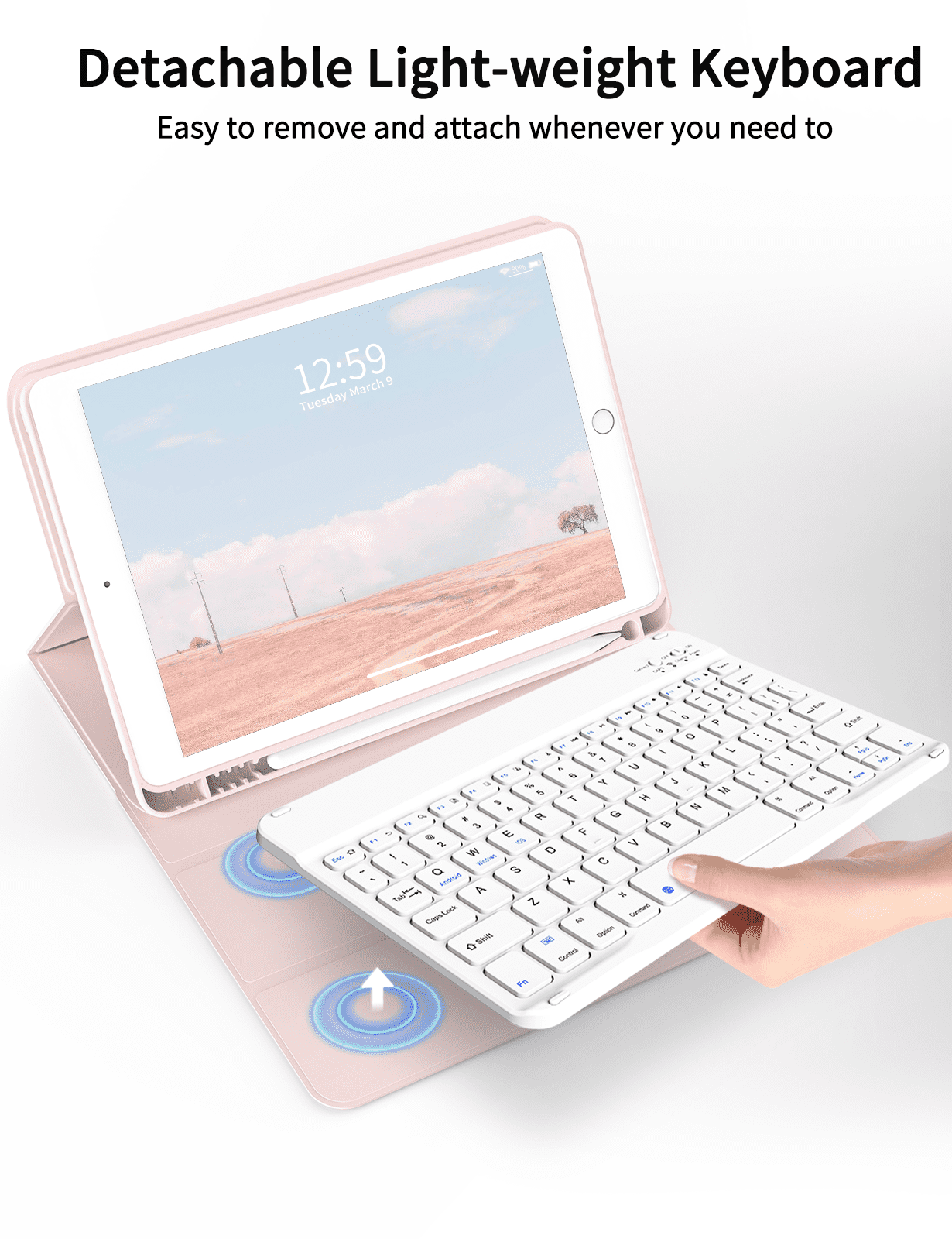 Aoub Keyboard Case for iPad 6th / 5th Generation 2018/2017 9.7 Inch, iPad Air / Air 2, Magnetic Detachable Wireless Bluetooth Folio Stand Rechargeable Keyboard Cover with Pencil Holder, Pink