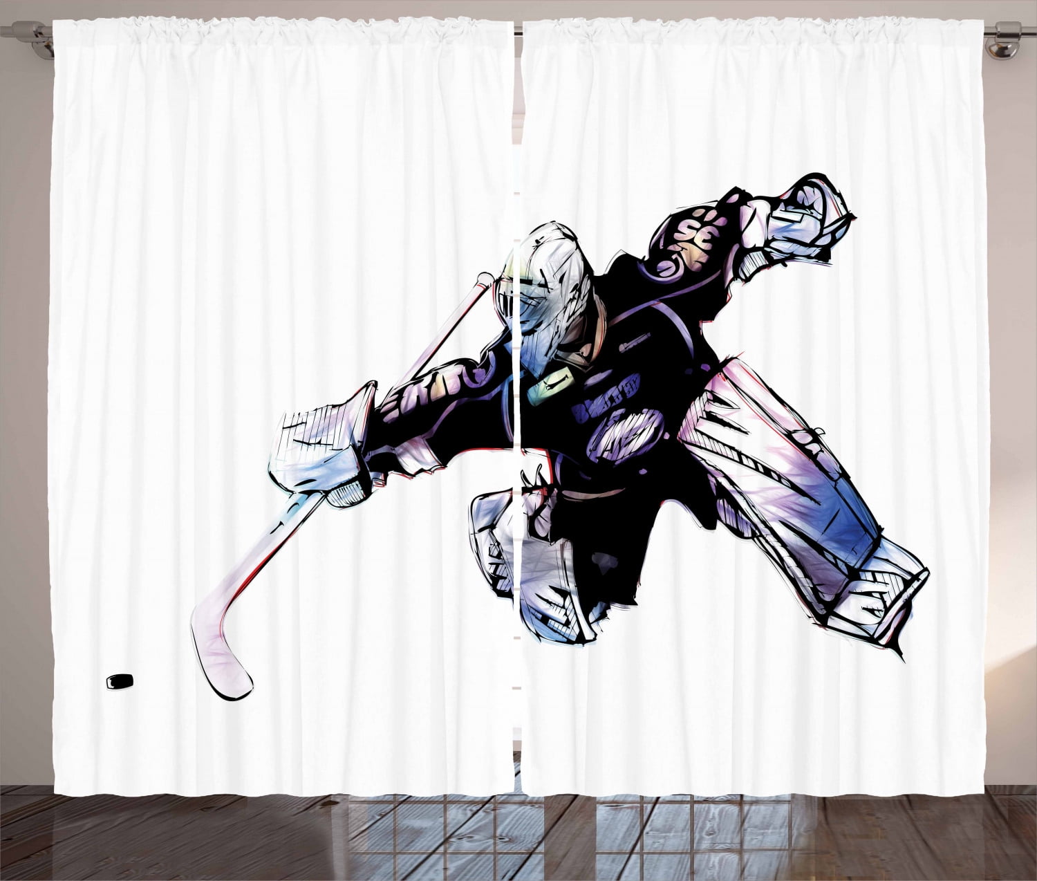 Hockey Curtains 2 Panels Set, Goalkeeper in Hand Drawn Style with