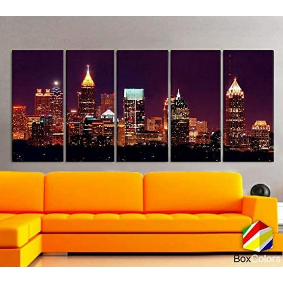 BoxColors - XLARGE 30"x 70" 5 Panels 30"x14" Ea Art Canvas Print Beautiful Atlanta skyline light buildings Multicolor Wall Home Office decor (framed 1.5" depth)
