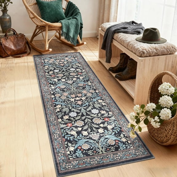 2x6 Runner Rug for Entryway, Non-Slip Washable & Stain-Resistant Ultra-Thin Carpet | Soft Floral Low Profile Rug for Kitchen, Entryway, Hallway, Bathroom, Laundry, Dorm (Black)