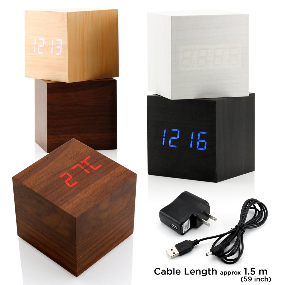 Ultra Modern Wooden LED Clock Square Cube Alarm Thermometer Timer