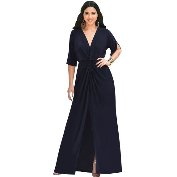 KOH KOH Long Sexy V-Neck Short Sleeve Slit Flowy Cocktail Evening Bridesmaid Wedding Guest Party Summer Tall Dressy Maxi Dress Gown For Women Dark Navy Blue X-Large US 14-16 NT290