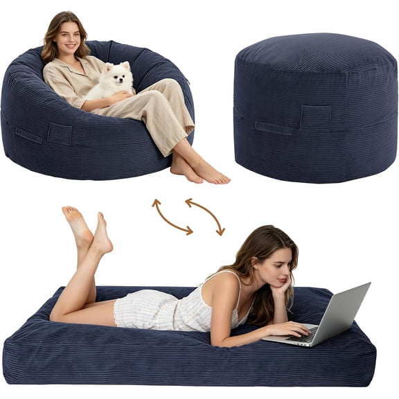 5 ft Giant Bean Bag Chair Bed, Convertible Memory Foam Lounger, Plush Fabric, Washable Cover, Lazy Sofa, Navy
