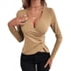 thumbnail image 2 of Camiseta de Larga Ajustada con Escote en V Profundo y Fruncido para Mujer Caqui M, 2 of 5