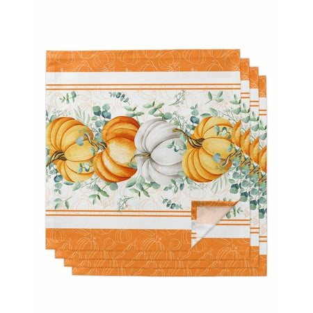 

Cloth Napkins Washable Thanksgiving Day Fall Pumpkin Eucalyptus Leaves White Orange Stripes Farmhouse Decoration Dinner Napkins Fabric Table Napkins for Weddings Parties 4 Pack 20x20 Inch