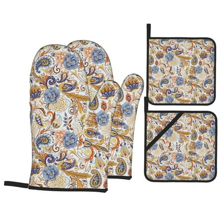 

Oven Mitts and Pot Holders Sets 4 pcs - Blue Yellow Flower Paisley Heat Resistant Silicone Oven Gloves with Non-Slip Silicone Surface and hot pads for kitchen Baking Cooking BBQ