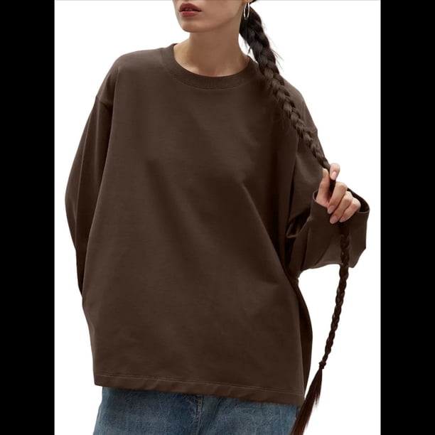 Camisetas de Larga Extragrandes para Mujer, Camisetas Básicas de Cuello Redondo, Tops de Otoño, Ropa Informal de Entrenamiento Y2K. Marrón S