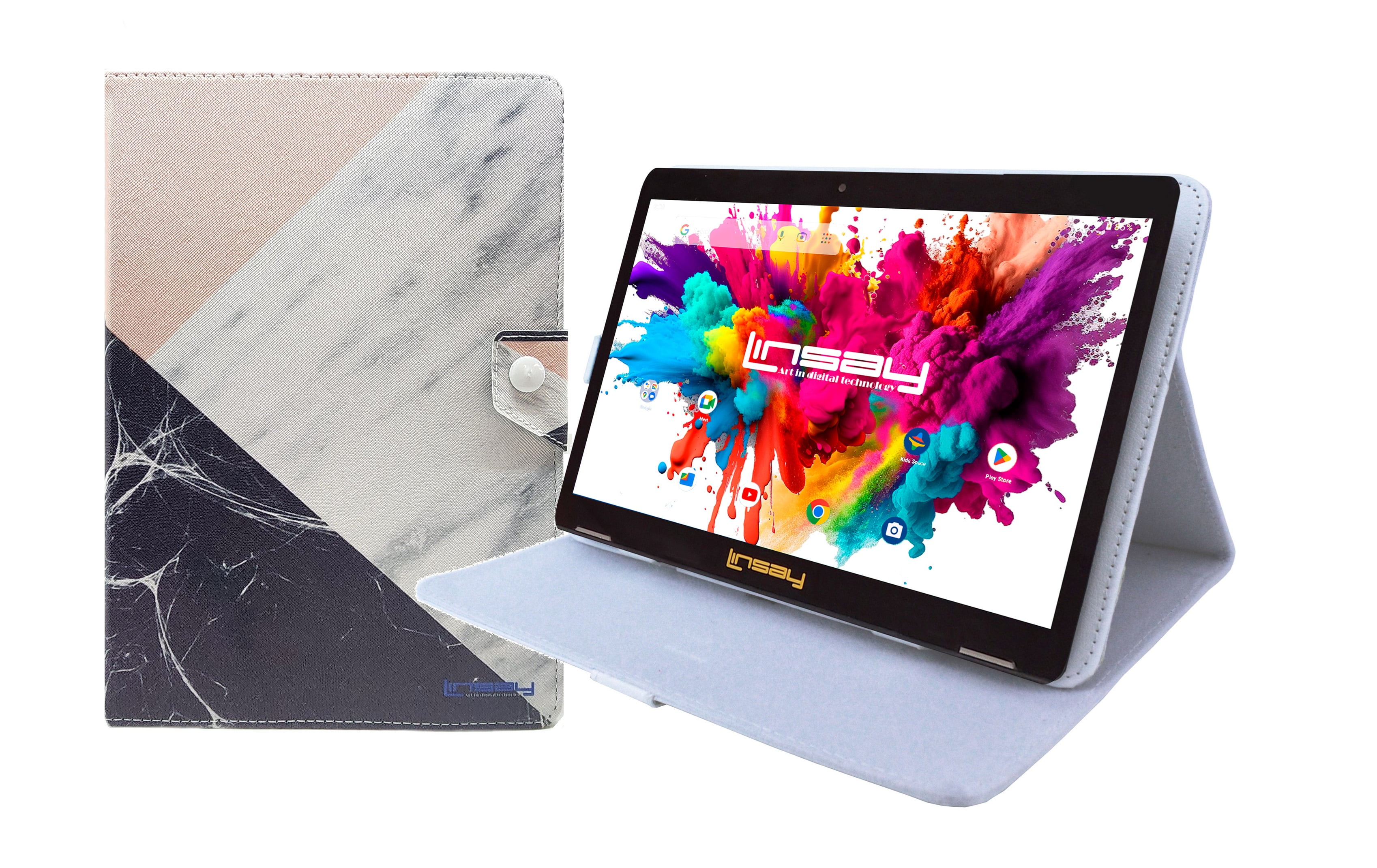 LINSAY 10.1" Octa Core 4GB RAM 128GB Storage Android 15 Tablet with case Black White Pink Marble, Pop Holder and Pen Stylus