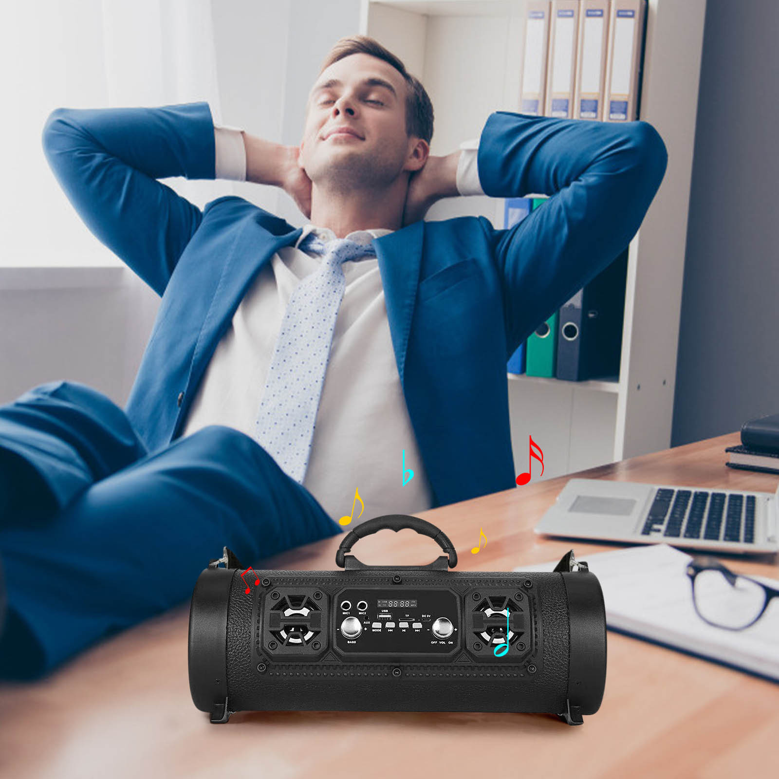 LACKUST Bluetooth Speakers, 15W Outdoor Portable Bluetooth Speaker Subwoofer LED Light MultiFunction Card Microphone Sound With Subwoofer, FM Radio,Black