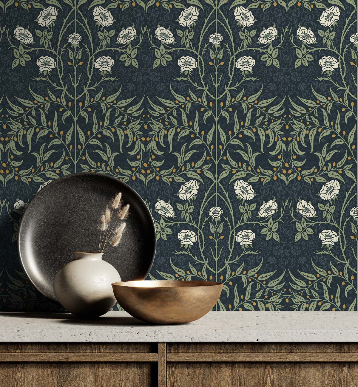 NextWall  Stenciled Floral Peel and Stick Wallpaper Navy & Sage