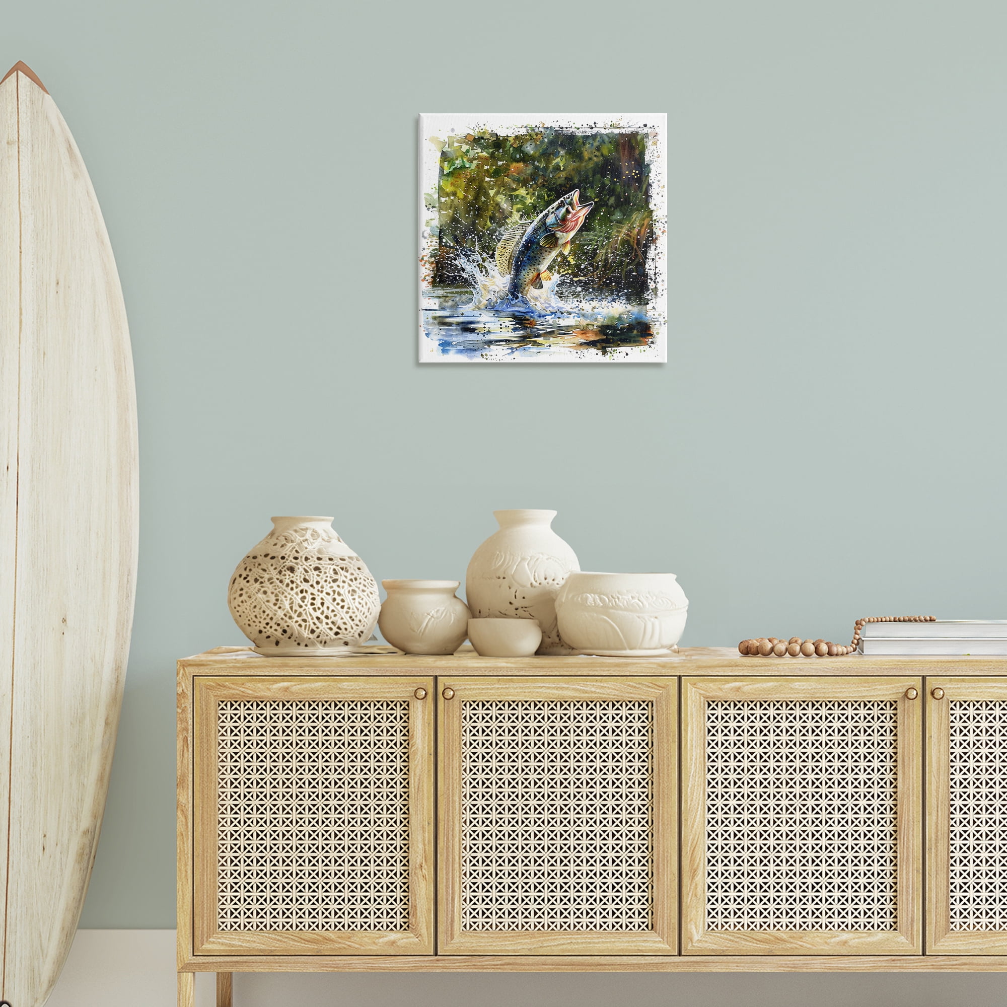 Stupell Industries Splashing Lake Bass Animals Painting Wrapped Canvas Art Print Wall Art, 24 x 24
