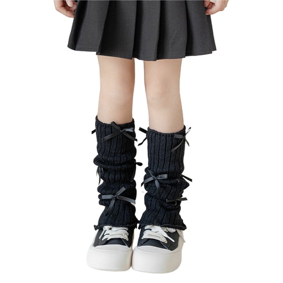 SERTG Children's Socks Girls Knit Thickened Warm Long Tube Socks Sweet Sock with Bow Fleece Fall Winter Leg Covers Pile Up Socks(Black,3-15 Years)