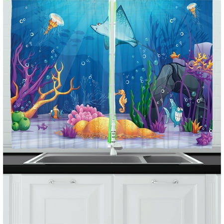 - Ocean Curtains 2 Panels Set, Sealife Navy Fish Moss Shells Bubbles Stones and Sunbeams Rays Cartoon Style Print, Window Drapes for Living Room Bedroom, 55W X 39L Inches, Multicolor, by Ambesonne