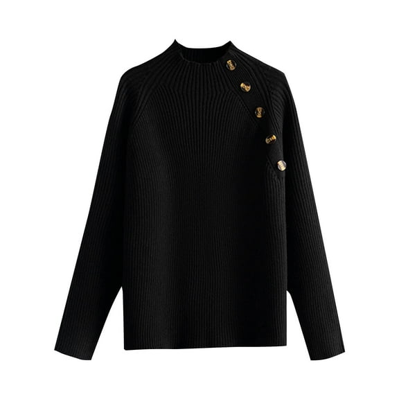 Htigea Knitted Ribbed Sweater for Women Mock Neck Buttons Pullover Fall Winter Long Sleeve Sweaters Solid Color Base Layer Tops Black Free Size