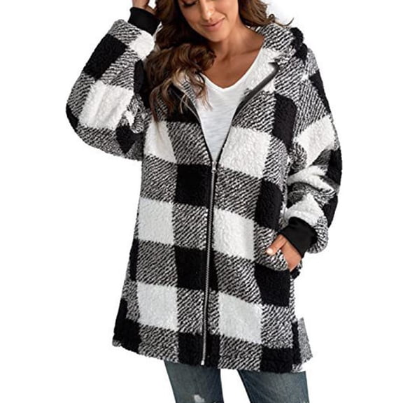 MORTTIC Women's Plaid Hooded Zip-Up Jacket Long Sleeve Loose Fit Coat with Pockets Winter Warm Wear Black,S