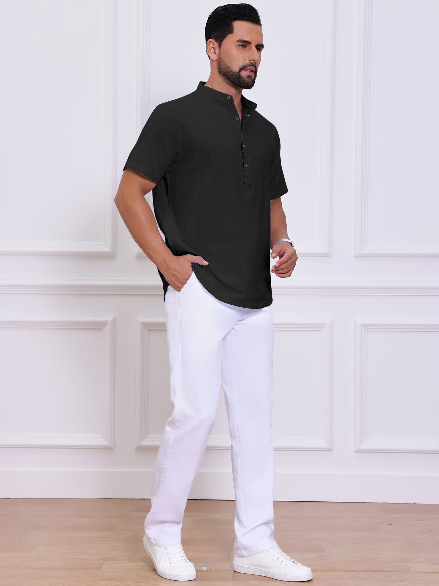 DARING DIVA Men's Casual Henley Band Collar Short Sleeve Summer Linen Shirts XL Black