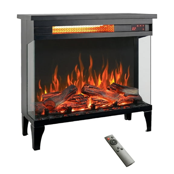 24 inch Timeable Freestanding Small Electric Fireplace, Remote Control Infrared Heater Stove w/ Adjustable Flame Color & Brightness, Indoor Fireplace Heater for 3,000 Sq.Ft, 1500W, Touch Screen,Black