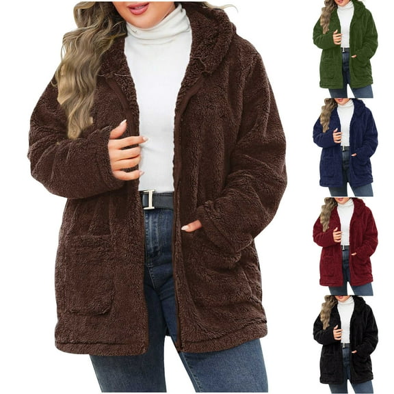 Antinious Womens Plus Size Solid Long Sleeve Double Sided Fleece Hooded Zipper Jacket,Jackets for Women Trendy,Casual Winter Coats for Women,Brown,XXXXXL