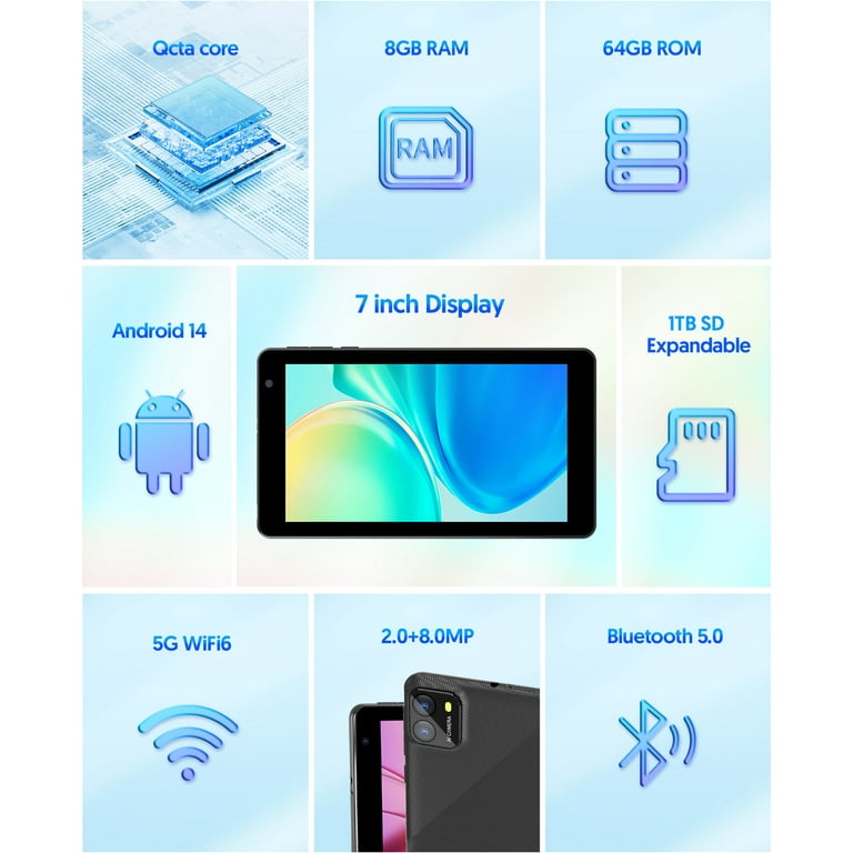 Android Tablet 7 inch Android 14 Tablets, 8GB RAM 64GB ROM 1TB Expand, Octa-Core Processor, 5G Wifi 6, 2MP+8MP Dual Camera, 3500mAh Battery, Bluetooth Android Tablet 7 inch Android 14 Tablets, 8GB RAM 64GB ROM 1TB Expand, Octa-Core Processor, 5G Wifi 6, 2MP+8MP Dual Camera, 3500mAh Battery, Bluetooth