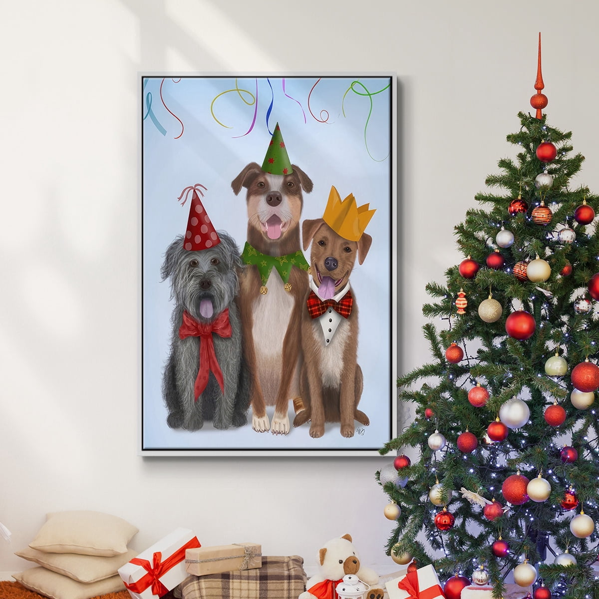 Christmas Party Mutts - Framed Gallery Wrapped Holiday Canvas - 27 x 41 - White Frame