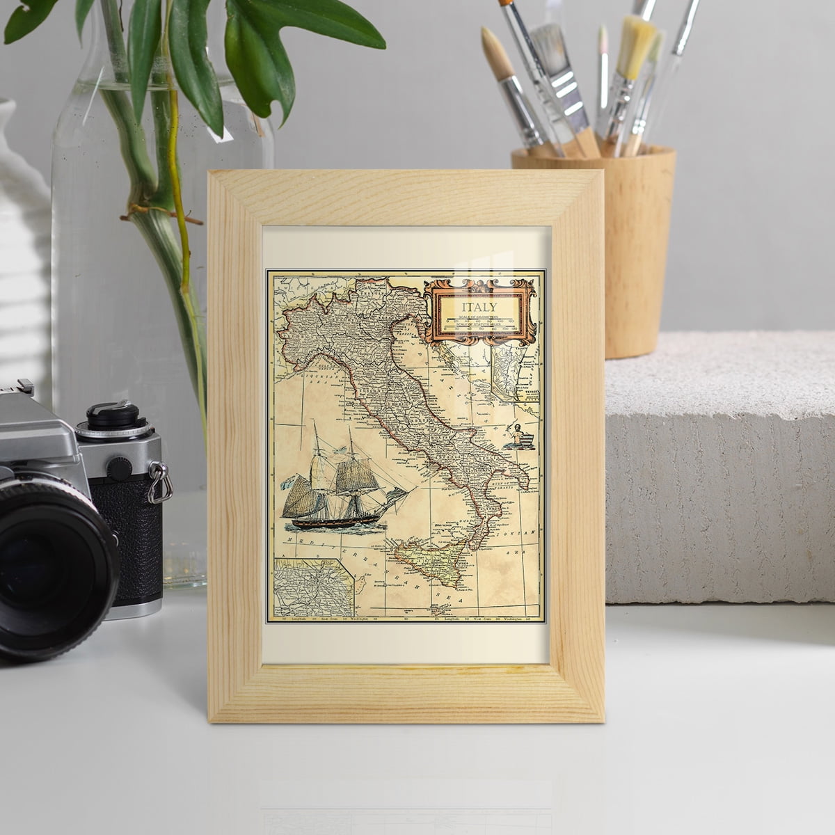 Italy Map -Framed Print w/glass-Natural Wood