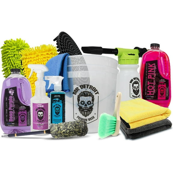 Mr. Detroit - 14pc Car Cleaning Kit Foam Blaster Wheel Brush 3.5 Gal Bucket w/Filter Glass Cleaner w/Sprayer Car Wash Soap Mitts Towels Degreaser 64oz Dilution Bottle Exterior Car Wash & Detailing