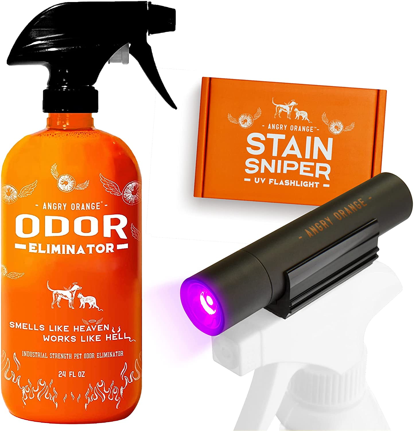 Angry Orange 24 oz Pet Odor Eliminator and UV Stain Sniper Flashlight