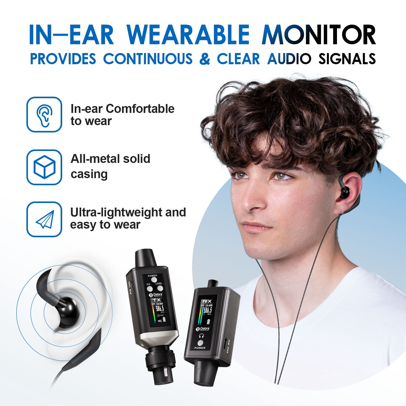 D Debra Audio PRO EMX-1 UHF Mini Wireless In-Ear Monitor System, Rechargeable with Monitor Type for Stage, Band, Studio, Musician, Monitor (1 Transmitter & 1 Receiver)