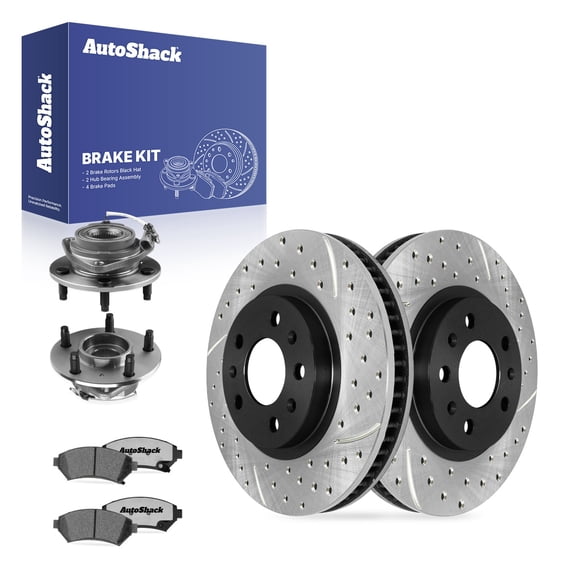 AutoShack Front Vented Drilled & Slotted E-Coated Brake Rotors   Ceramic Pads   Hub Bearing Assembly 8-PC Brake Kit Replacement for 2003-2004 Cadillac Seville ShadowGuard 11.93" (303 mm)