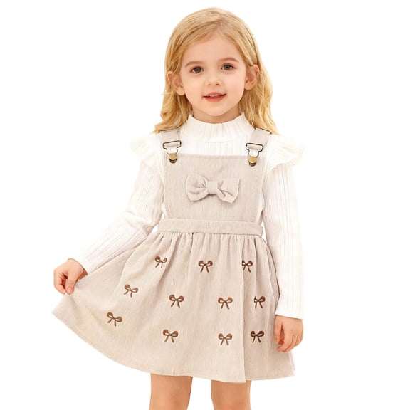ZHOUCHANKIDS Toddler Baby Girl Outfits Long Sleeve Ribbed T-Shirt Bow Overall Dresses Suspender Skirt Set Fall Winter Clothes Detachable Suspenders Skirt White 2-3 Years