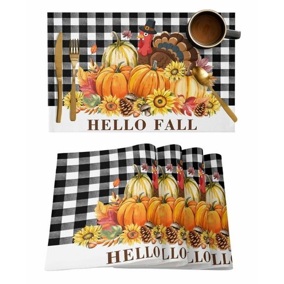 Placemats Set of 6 Hello Fall Thanksgiving Turkey Pumpkin Black Plaid Heat Insulation Washable Place Mats, Rustic Non-Slip Table Mats for Dining Table Party Kitchen Decor,13x19 Inch