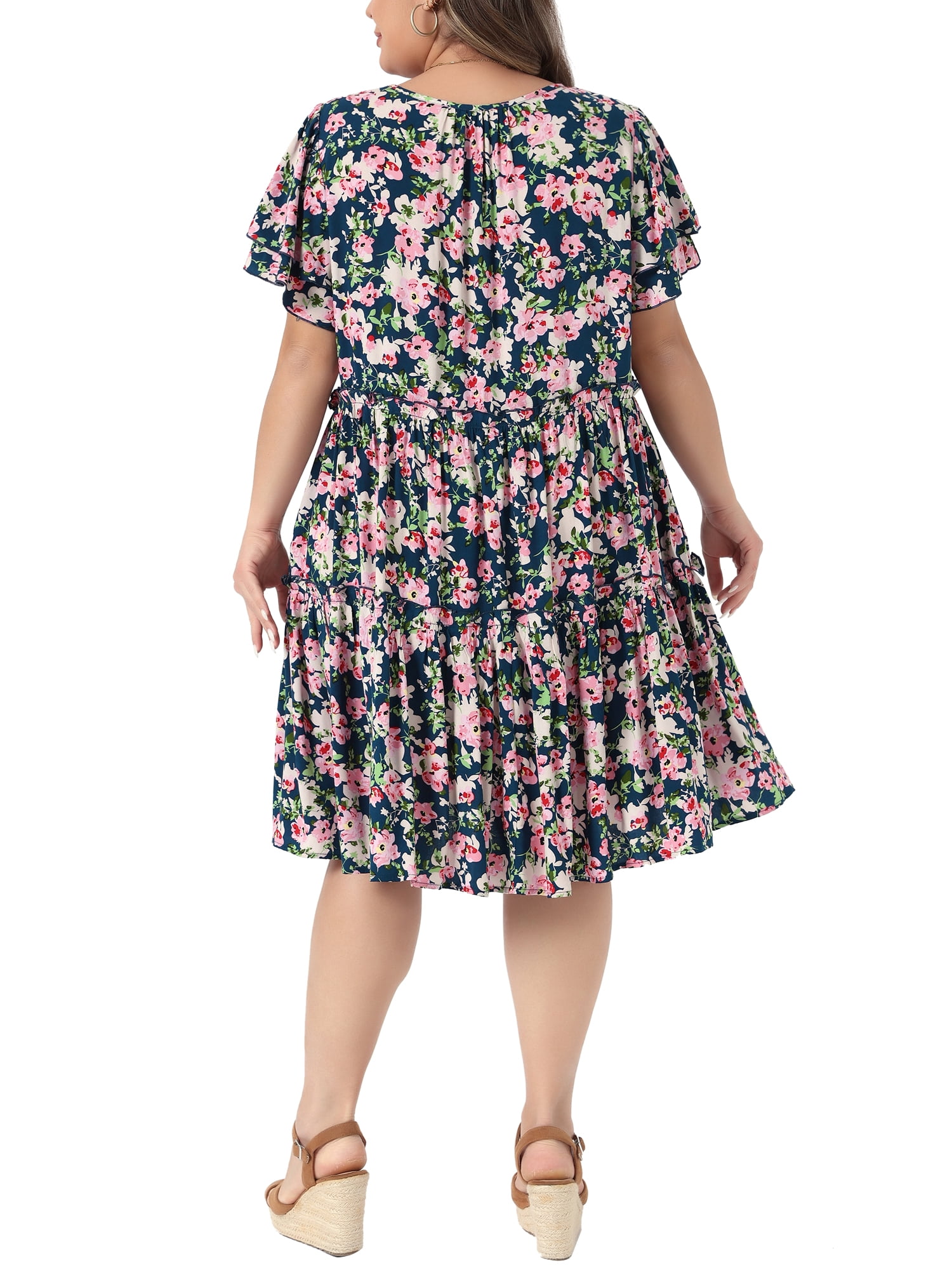 DARING DIVA Women's Plus Crew Neck and Ruffle Short Sleeves Floral Dress 3X Navy Blue