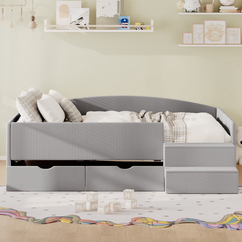 Full Size Kids Daybed Frame with Small Stair & 2 Storage Drawers, Velvet+Corduroy Dual Upholstered Accent Platform Bed