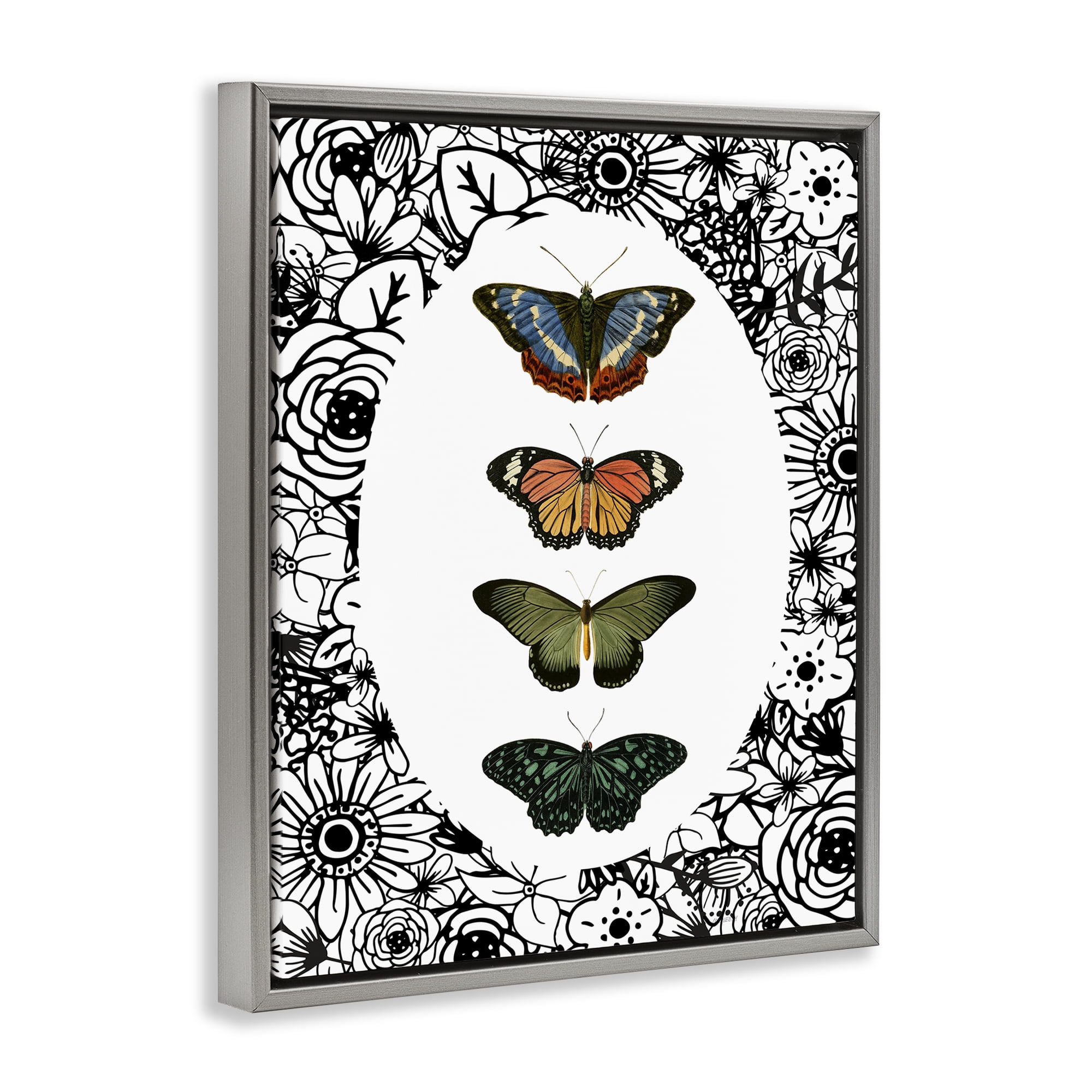 Stupell Industries Floral Border Butterfly Lineup Gray Framed Floater Canvas Wall Art, design by Dan Meneely