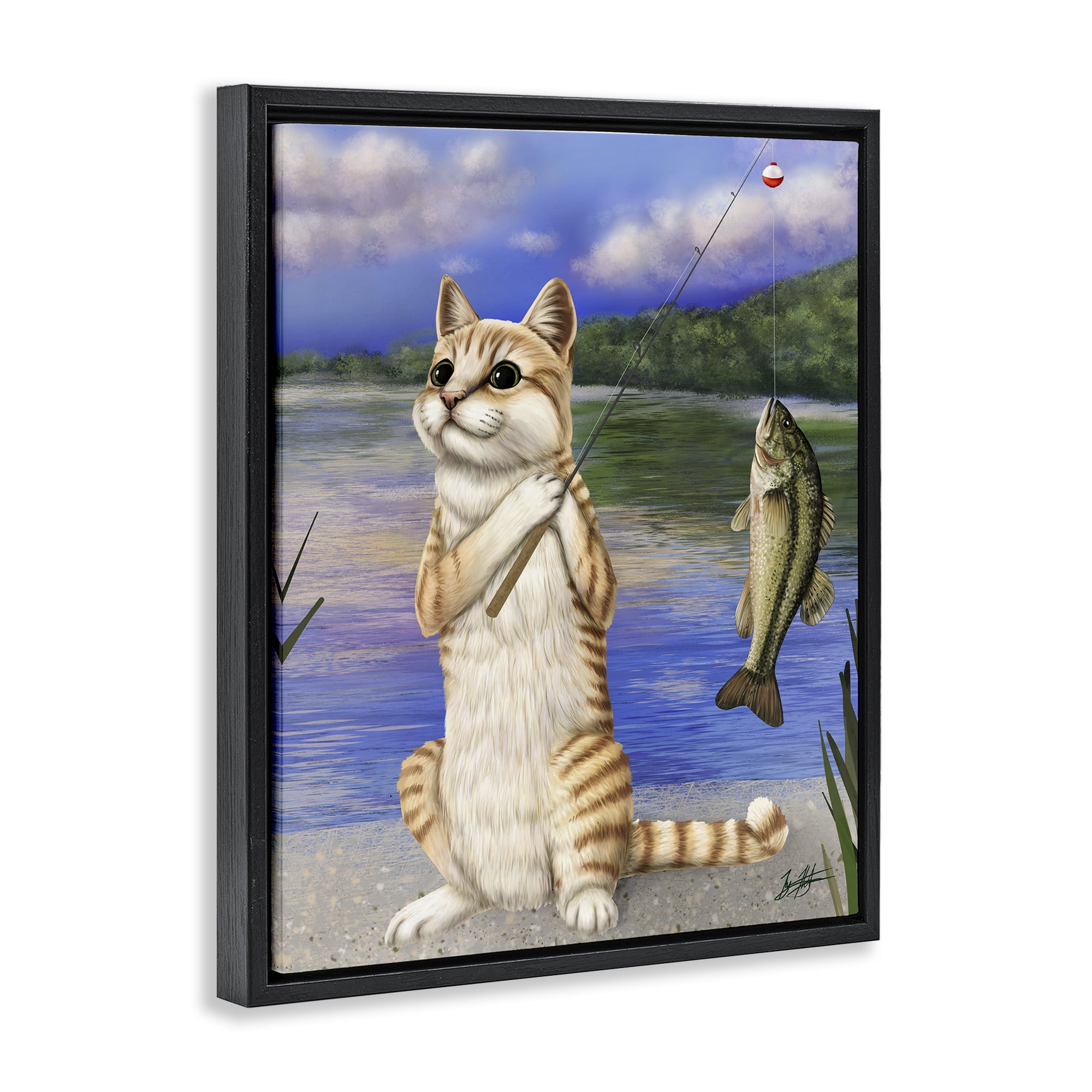 Stupell Industries Fishing Cat by Lake Animals & Insects Painting Black Floater Framed Canvas Art Print Wall Art, 17 x 21