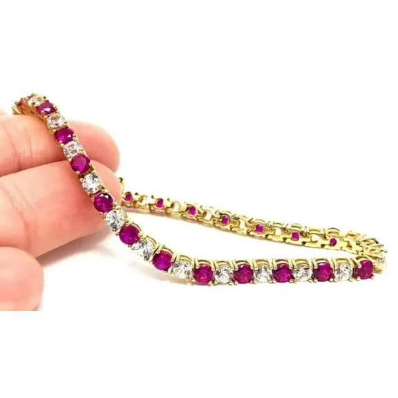 14K Yellow Gold Finish 10Ct Round Lab-Created Diamond Ruby Tennis Bracelet 7"