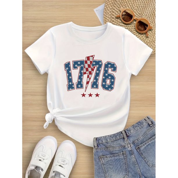 Girls' Patriotic 1776 Graphic T-Shirt - Short Sleeve, Crew Neck, Comfortable Cotton Tee for Casual Wear, Perfect for Independence Celebrations, Fits Ages 6-14, Everyday Comfort Wear