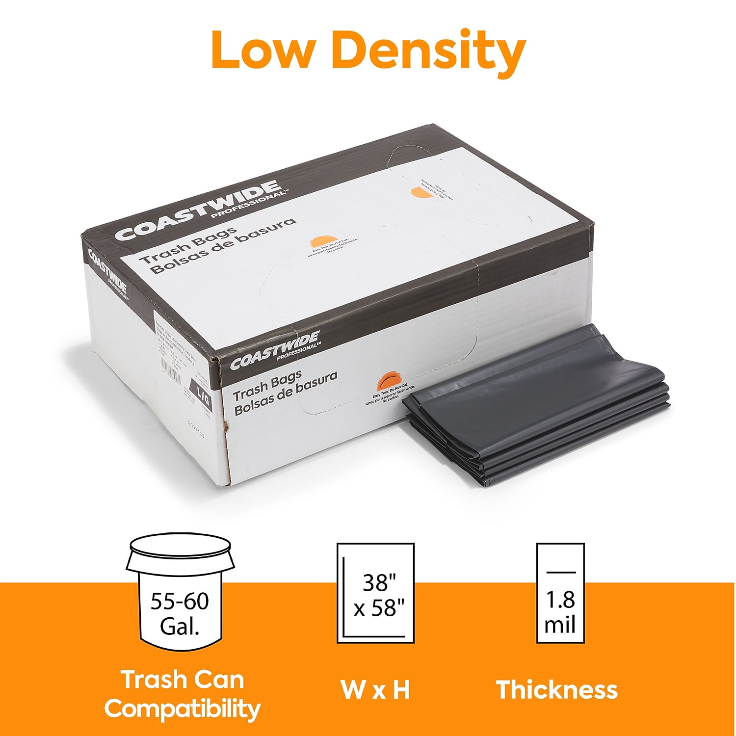 Staples Coastwide Professional 55-60 Gallon Trash Bag 38" x 58" Low Density 1.8 mil Black 100