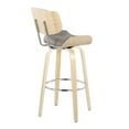 thumbnail image 2 of Lombardi 30" Mid-Century Modern Fixed-Height Barstool with Swivel in Natural Wood and Light Grey Faux Leather with Round Chrome Metal Footrest by LumiSource - Set of 2, 2 of 4