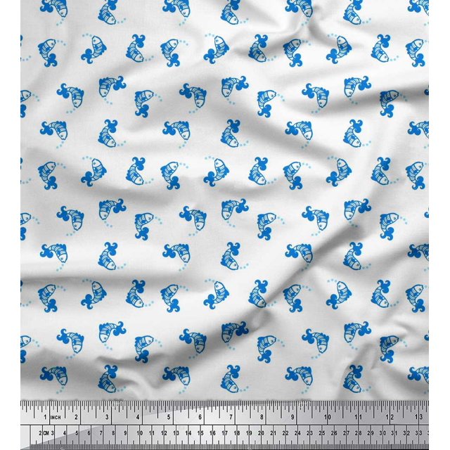 Soimoi polyester Crepe Fabric Bubbles & Fish Ocean Print Fabric by Yard 42 Inch Wide